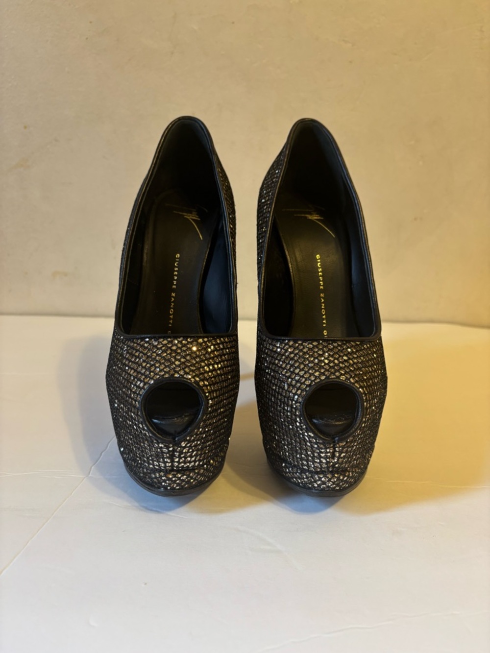 Giusseppe Black Metallic Peep-Toe Heels